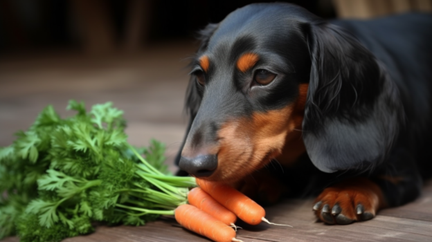 A picture of a daschund laying next to some carrots.